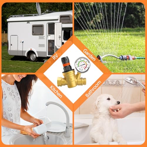 RV Water Pressure Regulator with Colorful Gauge, Hand Adjustable Knob,Brass Lead-Free Water Pressure Reducer with Inlet Screen Filter,for RV Camper Travel Trailer Water Hose,Suitable for NH Thread