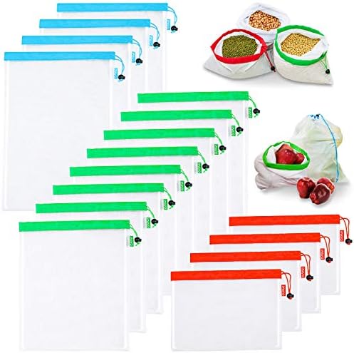 Reusable Mesh Produce Bags Bulk | High-strength Mesh for Heavy Produce | Multi-used for Grocery Shopping, Travel Pack, Toys Storage | Large Medium Small Size w/Tare Weight Tag (Set of 16)