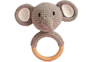 Chippi & Co Crochet Baby Rattle, Crochet Baby Toys, Stuffed Baby Doll, Organic Wooden Newborn Toys, Knitted Stuffed Animals for Babies Boy, Girl, Fathers Day New Dad Gifts (Eddy The Elephant)