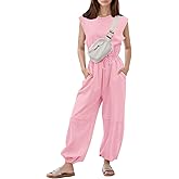Flygo Womens Casual Jumpsuit Crewneck Cap Sleeve Long Wide Leg Pants One Piece Outfits Drawstring Romper with Pockets