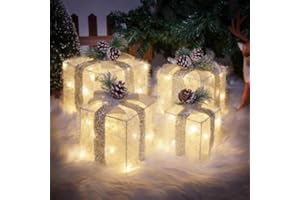 COVFEVER Set of 4 Christmas Lighted Gift Boxes, Pre-lit Light up Present Set with Different Sizes for Holiday Indoor Outdoor Decorations - Battery Operated(Warm White)