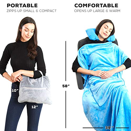 4 in 1 Travel Blanket - Lightweight, Warm and Portable. The Latest Small Compact Airplane Blankets & Pillow Set. Made of Warm Plush, 2 Practical Mesh Pockets with Fashionable Carry & Luggage Straps - Thumbnail 2