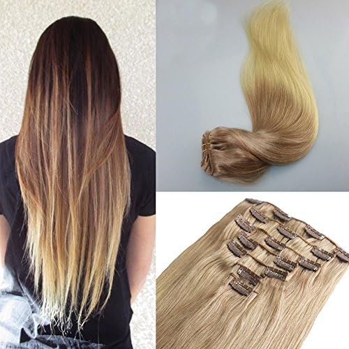 24inch 7 Pieces Per Set 120 Gram Remy Human Hair Clip in Weft Hair Extensions Clip in Omber Ash Blonde #18 Hair Extensions and Bleach Blond #613 Clip in Extensions