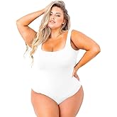 POSESHE Plus Size Bodysuits For Women Sleeveless Sexy Tank Top Square Neck Bodysuit Outfits, 5X, White