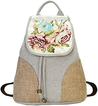 Women's Vintage Unique Cute Canvas Backpack Purse with Floral Embroidery