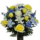 White Mum and Light Blue Hydrangea Mix Artificial Bouquet, featuring the Stay-In-The-Vase Design(c) Flower Holder (LG1141)