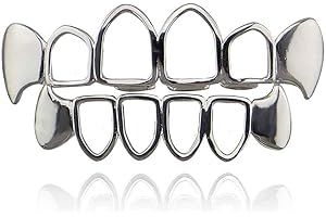 Psivika Gold Teeth Grillz Open Face Outline 6 Teeth Vampire Fangs Grillz for Men and Women
