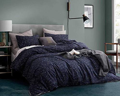 ECOCOTT 3 Pieces Duvet Cover Set Queen 100% Natural Cotton 1 Duvet Cover 2 Pillowcases,Navy and Cosmic Constellation Reversible Printed Pattern Soft Cozy Luxury Breathable and Durable Bedding Set