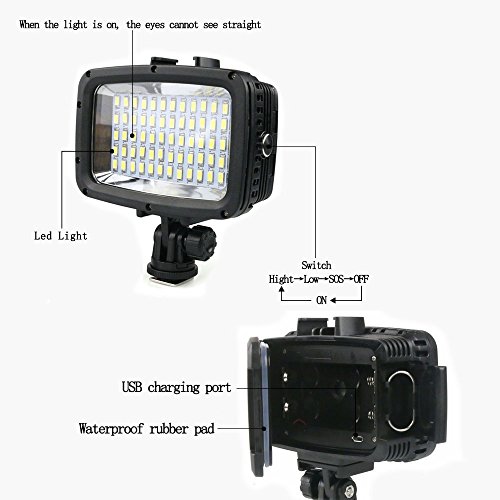 Orsda Video Diving Light 40M Waterproof 1800LM 60 LED Driving lamp video light for GoPro Hero 6/5/4/3+/3/2 Sports Camera Xiaomi Yi SJCAM Action Cam & for DSLR Camera + 2 Battery 18650 Black OR005