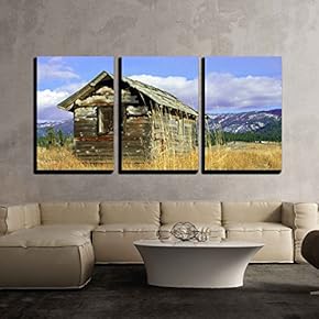 3 Piece Canvas Wall Art - Deserted Cabin: an Old Wooden Cabin, Falling to Ruin, Stands on a Grassy Hillside. - Modern Home Art Stretched and Framed Ready to Hang - 16"x24"x3 Panels