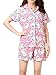 VENTELAN Women's Lovely Pigs Printed Sleepwear Lapel Cardigan Shorts Pajama Sets Pink Large(USA Size 12-14)