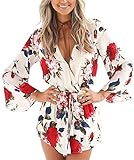 Lanzom Women's V Neck Floral Print Long Sleeves Short Romper Playsuit Jumpsuit