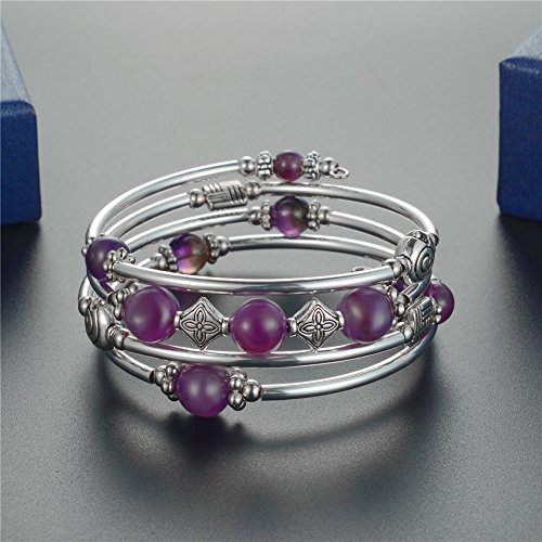 Beaded Bangle Wrap Amethyst Bracelet - Fashion Bohemian Jewelry Multilayer Charm Bracelet with Thick Silver Metal Beads for Women Girls Gifts (Purple)
