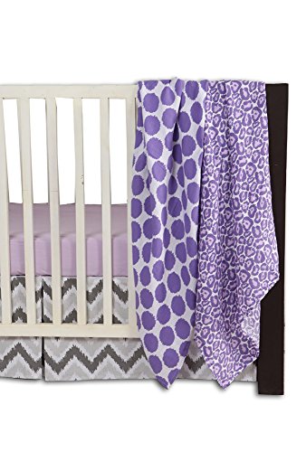 Bacati Ikat Lilac/grey Dots/leopard 4 Crib Set with 2 Muslin Blankets