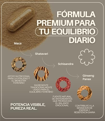 NOMUK Woman Hormo Balance Suplementos para Mujer Ginseng Panax Maca Shatavari y Schisandra Raíces y Hongos Adaptógenos Fórmula Vegetal para Rutinas de Bienestar 120 Cápsulas Veganas Naturales