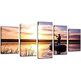 Biuteawal - 5 Panel Wall Art Man Fishing Painting Artwork Peaceful Lake Scenery Canvas Print Sunset Nature Picture for Home Living Room Bathroom Wall Decor
