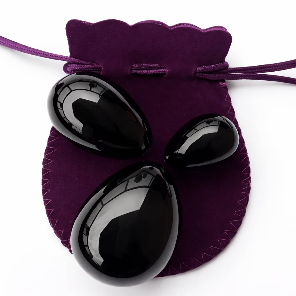 Polar Jade Obsidian Gemstone Eggs 3-PCS Set, Drilled with Unwaxed String & Instructions, for Strengthening Yoni Pelvic Floor Muscles, L, M and S 3 Sizes, 100% Genuine (Pre-drilled, 3 Sizes)