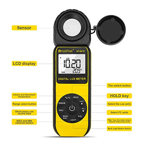 HOLDPEAK HP 881D Digital Light Meter with 0.01-400,000 Lux /1-40,000 FC Measuring Ranges and 270° Rotatable Detector for… - Image 3