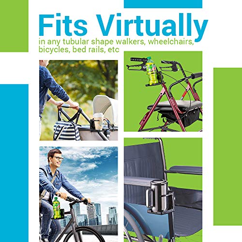 Serenily Universal Drinking Cup Holder - Portable Tumbler Beverage Bracket - No Spill with Secured Angled for Strollers Walkers Bicycles & Wheelchairs