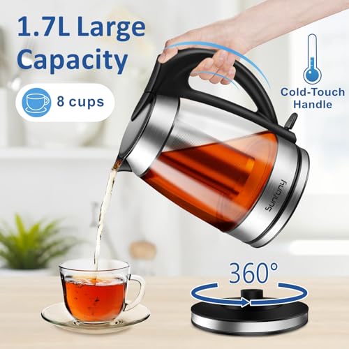 Electric Glass Water Kettle,1.7L Hot Water Boiler w/Filter, Blue LED Light | 2200W Tea Kettles with Stainless Steel Lid, Auto Shut-Off, Fast Boiling Transparent Heater Teapot for Home, Office, Kitchen