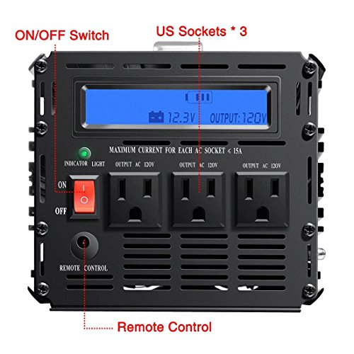 novopal 1000W Pure Sine Wave Power Inverter 3 AC Outlets DC 12V to AC 120V with Remote Control, Big LCD Display(Surge 2000W)