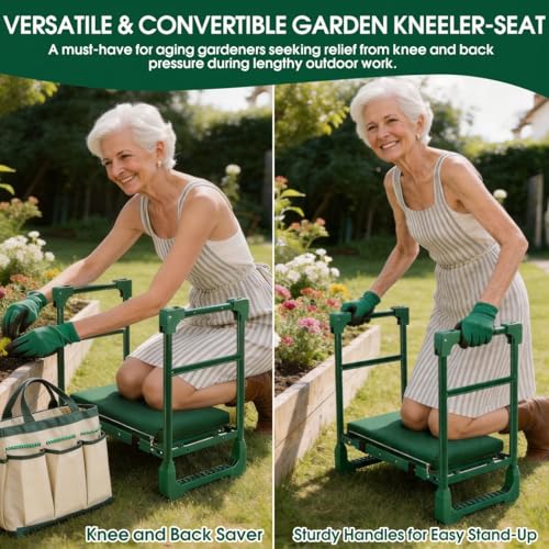 Garden Kneeler and Seat for Seniors: Heavy Duty 420 LBS Support Anti-Tip Multifunctional Gardening Stool Bench with Widened Thick Soft Kneeling Pad & Tool Bag - Foldable for Gardeners