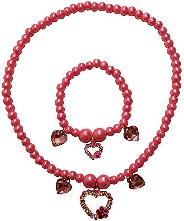 EverKid Bracelet &amp; Necklace Set for Girls - Pink Hearts Charms on Beads Strands - Best Birthday Gift