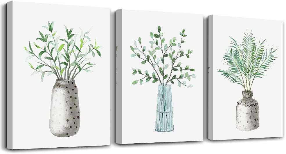 Wall Décor - AHUASJART Canvas Wall Art Paintings For Kitchen Dining Room Family Wall Decor For Bedroom Wall Decoration For Living Room Office Decor Green Leaf Vase Wall Pictures Artwork For Home Walls 3 Piece
