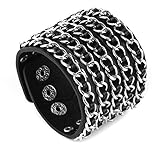 HZMAN Punk Rock Biker Link Chain Black Leather Bracelet Cuff Wristband Gothic