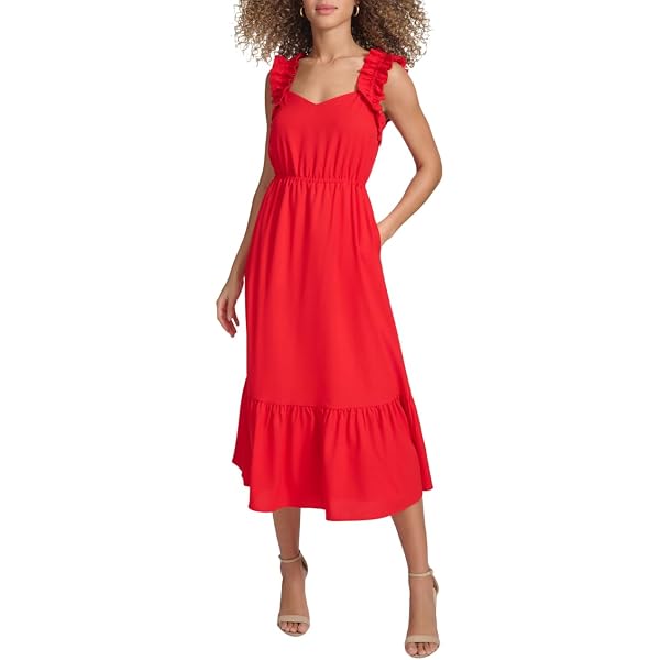 CeCe Women's Flutter Sleeve Smocked Waist Midi Dress, Rich Black at Amazon  Women's Clothing store