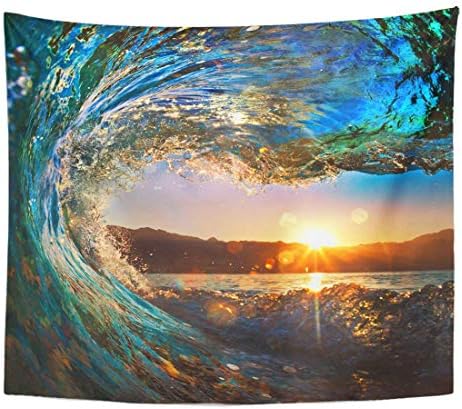 Tapestry Blue Sea Rough Colored Ocean Wave Falling Down at Sunset Time Surf Color Home Decor Wall Hanging for Living Room Bedroom Dorm 50x60 inches