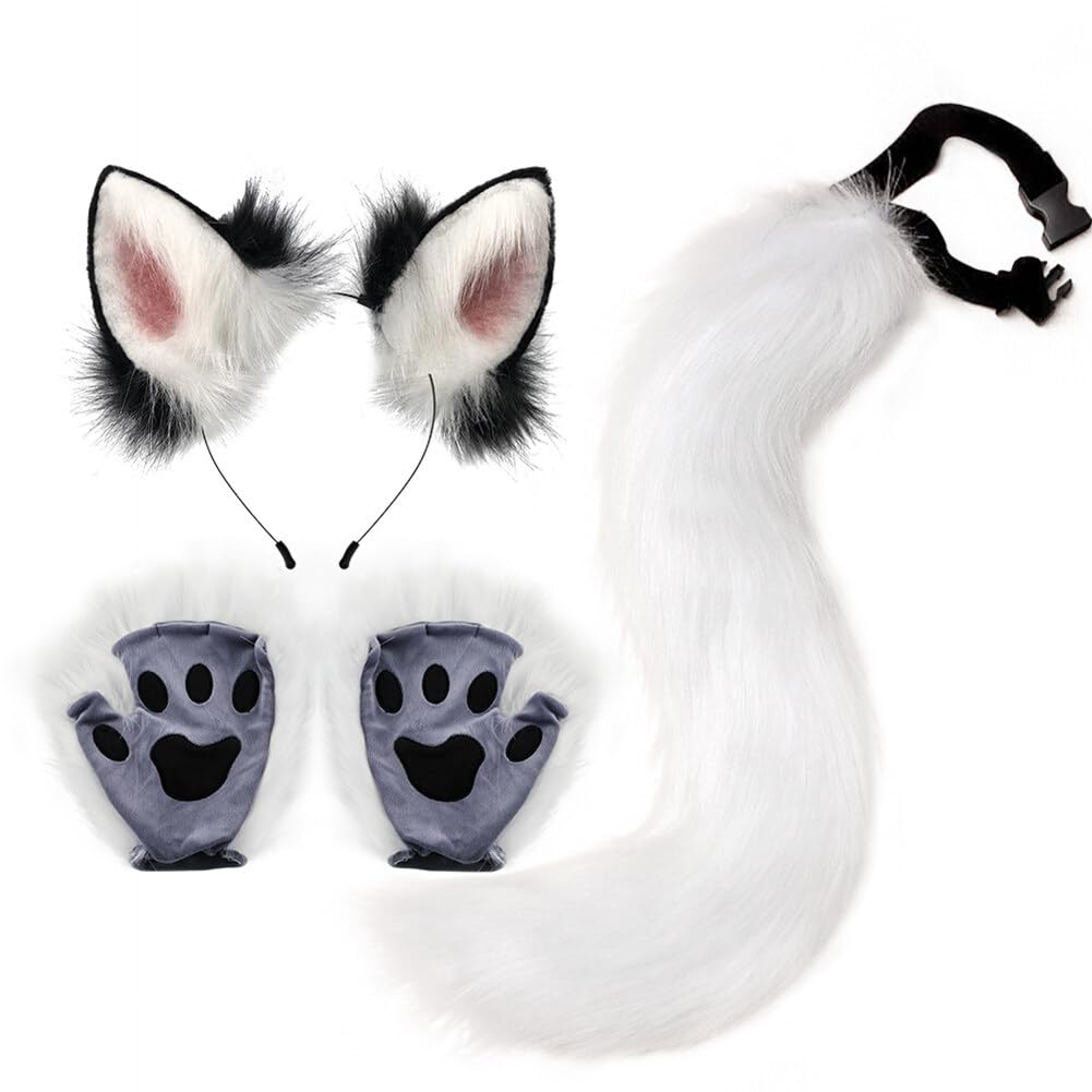 Faux Fur Fox Cat Ears Hair Headband Tail Gloves Set Fluffy Cat Fox Wolf Tail Ears Hair Clip Claw Gloves for Anime Fancy Dress Party Halloween Christmas Dress Up Carnival Role Play