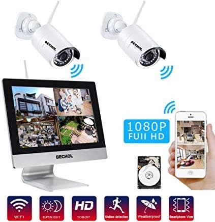 Bechol Wireless Home Security Camera System with 12''LCD NVR Monitor, 4 Channel 1080P WiFi Surveillance Kit with 2PCS CCTV IP Cameras, Night Vision PIR Motion Detection, 500GB Hard Drive(Used)