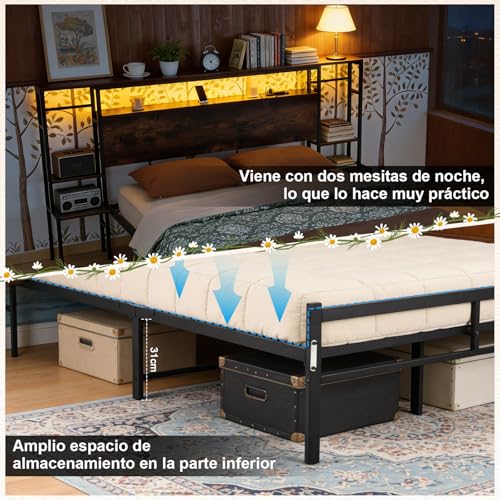 CNHVEIF Base de Cama con Cabecera y Luces RGB, Base Cama con Estación de Carga USB Incorporada y Espacio de Almacenamiento, Cama Metálica con Mesilla de Noche, Fácil Montaje
