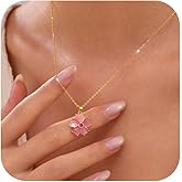 Valentine Day Gift Dainty 925 Sterling Silver Cherry Blossoms Necklaces for Women 14K Gold Plated Cute Pink Crystal Pendant Necklace to Daughter Mom Plum Flower Charm Chain Birth Wedding Jewelry Gift