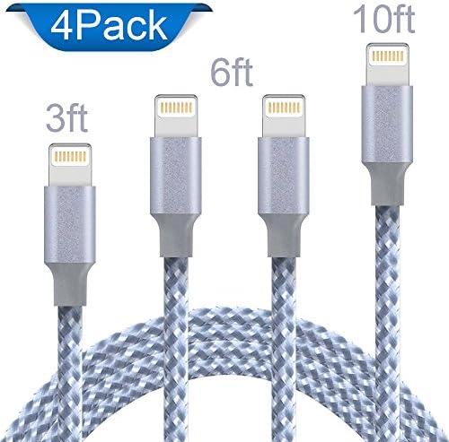 Lightning Cable, Iseason iPhone Charger Cables 4Pack 3FT 6FT 6FT 10FT to USB Syncing Data and Nylon Braided Cord Charger for iPhone X/8/8Plus/7/7Plus/6/6Plus/6s/6sPlus/5/5s/5c/SE and More(GeryWhite)