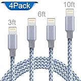 Lightning Cable, Iseason iPhone Charger Cables 4Pack 3FT 6FT 6FT 10FT to USB Syncing Data and Nylon Braided Cord Charger for iPhone X/8/8Plus/7/7Plus/6/6Plus/6s/6sPlus/5/5s/5c/SE and More(GeryWhite)