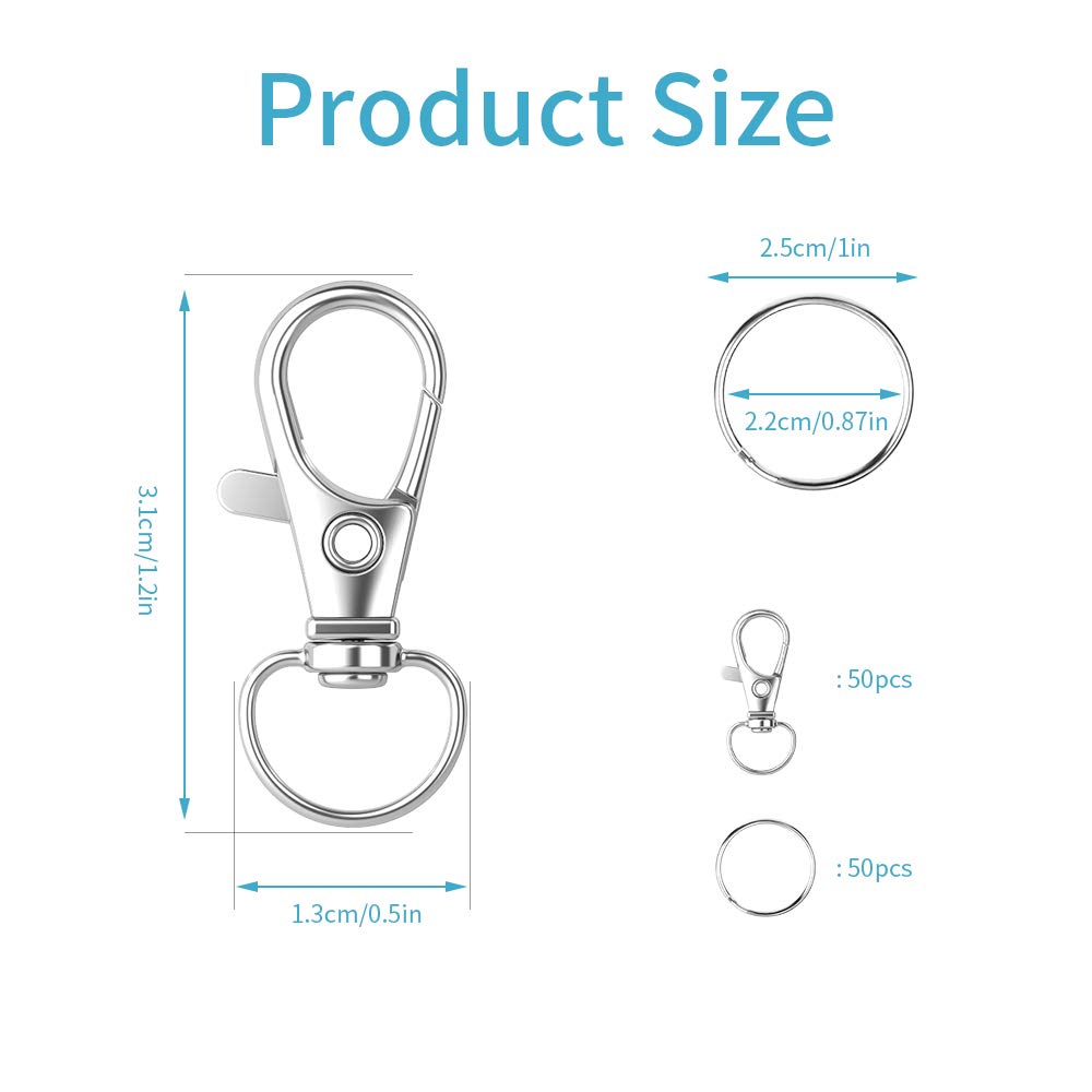 100PCS Keychain Hooks with Key Rings,Metal Swivel Lobster Claw Clasps, for Keychain Clip Lanyard, Jewelry Making, Crafts (Silver)
