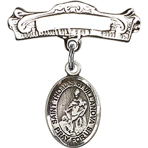 Sterling Silver Baby Badge with St. Thomas of Villanova Charm and Arched Polished Badge Pin 7/8 X 7/8 inches