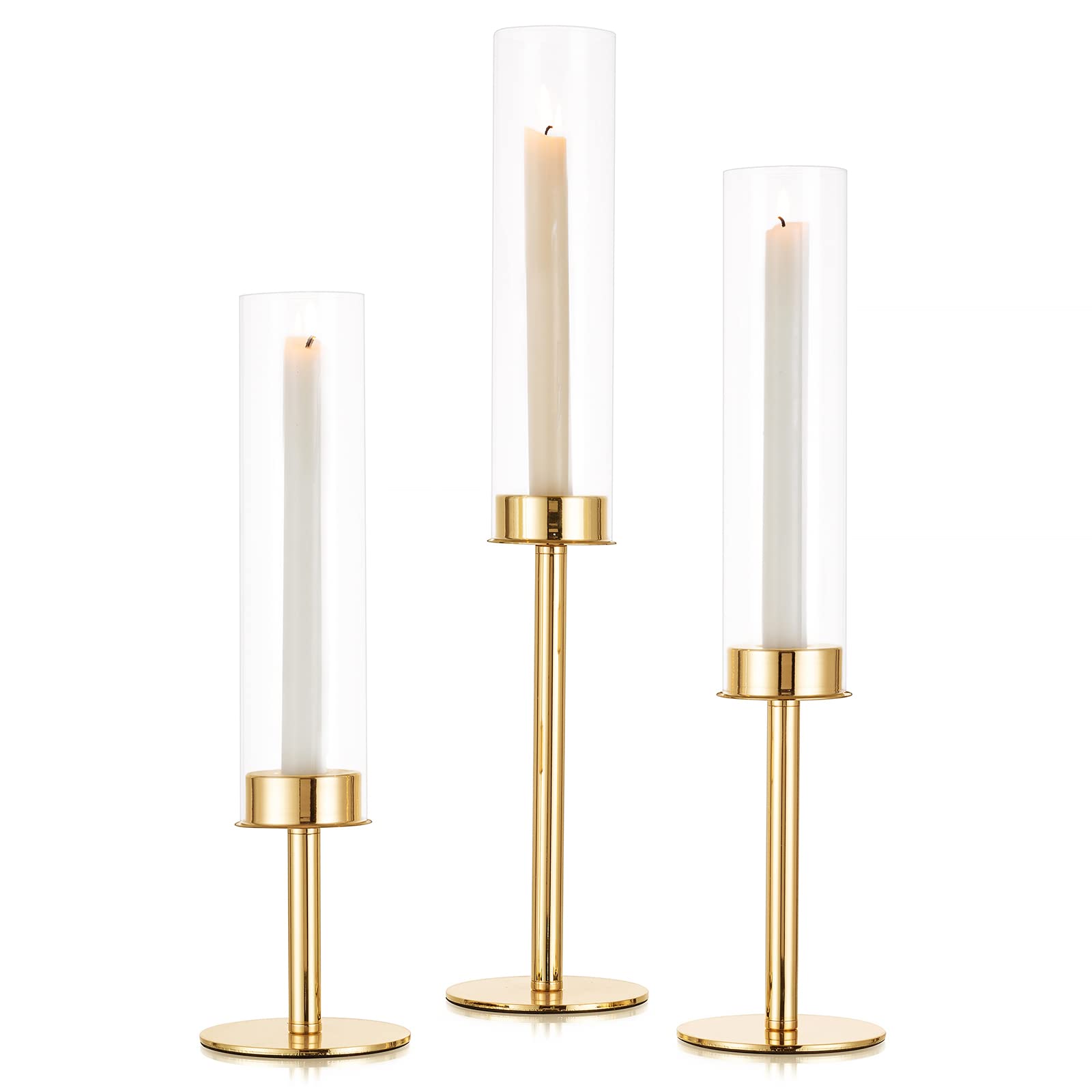 Sziqiqi Gold Candlestick Holders for Wedding 48/42/36cm- 3Pcs Tall Taper Candle Holder Decorative Candle Sticks Holder with Removable Glass Candle Stand for Christmas Table Centerpiece