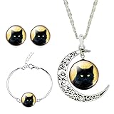 Women Shiny Green Eye Black Cat Crescent Moon Pendant Collar Necklace Time Gem Earrings Bracelet Set