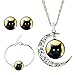 Women Shiny Green Eye Black Cat Crescent Moon Pendant Collar Necklace Time Gem Earrings Bracelet Set