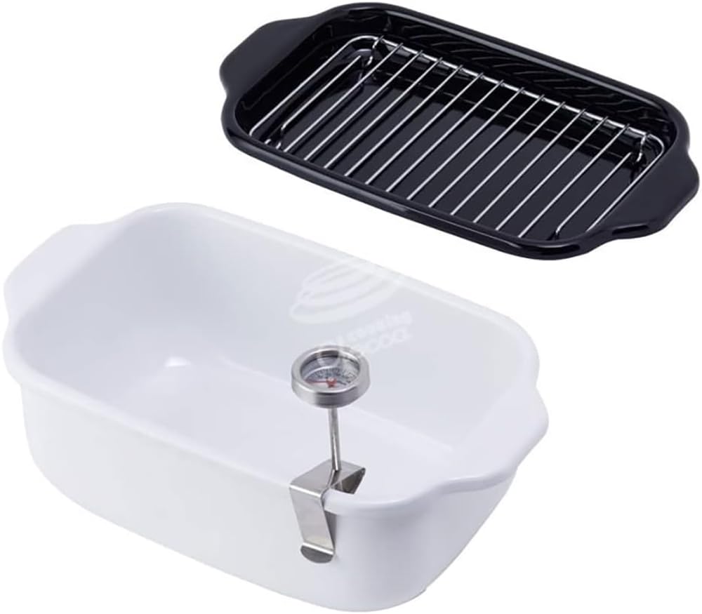 富士ホーロー 天ぷら鍋 角型 琺瑯製 丸洗いできる温度計 スノコ網 バット付き ホワイト商品画像