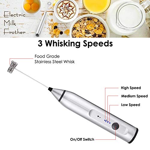 EZCO Electric Milk Frother Handheld, USB Rechargeable Drink Mixer Foam Maker for Coffee Lattes Hot Chocolates with Egg Beater/Coffee Needle Pen/Art Stencils Set, Silver - Thumbnail 3