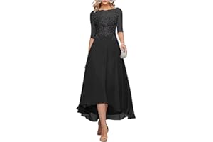FNKSCRAFT Lace Appliques Mother of The Bride Dress 3/4 Sleeves A line Tea Length Chiffon Formal Wedding Party Prom Gowns for Women