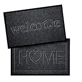 Indoor Outdoor Welcome Mat Set of 2, 29.5 x 17in Front Door Mat, Ribbed Floor Mat with Rubber Backing, Indoor Outdoor Rug in Home & Welcome Design, All Weather Rugs for Entryway, Kitchen Rugs and Mats
