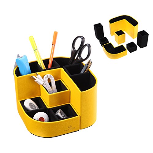 VPACK Magnet Desk Organizer - PU Leather Pencil Cup Holder - Office Supplies Desktop Stationery Gadgets Storage Box (Canary Yellow)