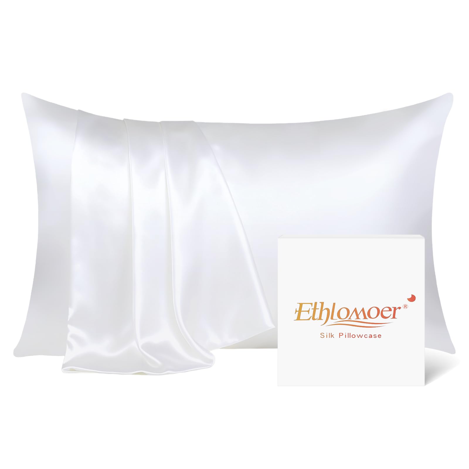 Ethlomoer Natural Pure Silk Pillowcase for Hair and Skin, Both Side 19mm, Hypoallergenic, 600 Thread Count, Smooth Silk Pillow case with Hidden Zipper, Gifts for Women Men, 50x75 cm (White) — image 1