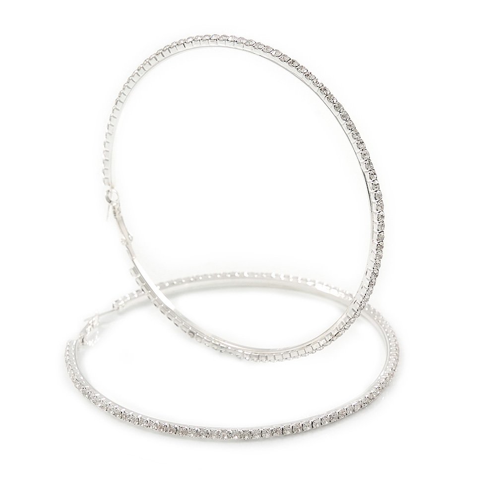 95mm Oversized Slim Clear Crystal Hoop Earrings In Silver Tone