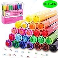 Magicdo 24 Colors Kids Markers with Stamps Bonus, Washable Fine Tip Coloring Marker Pens with Storage Case